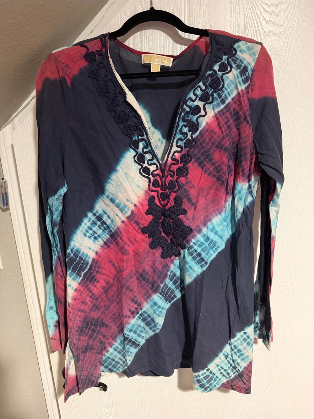 Michael Kors Navy Tie-Dye V-Neck Tunic with Embroidered Yoke - Blue & Pink